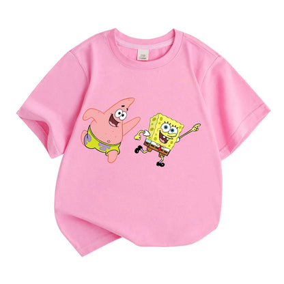 Color: Pink, Kid Size: 14T - Mr. Krabs Squidward  Sandy Spongebob T-shirt 100%Cotton  Children Round Neck Short-sleeved Boys Girls  Fashion Kids Clothes