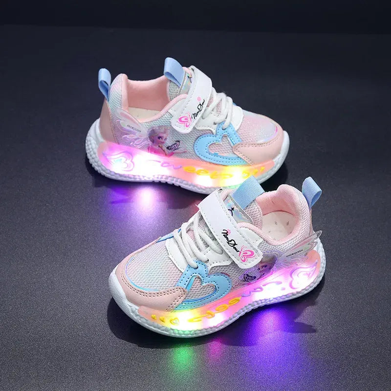 Color: Pink, Shoe Size: 13 - Disney Children Led Shoes Kids Girls Sneakers Frozen Elsa Princess Lighting Shoes Pink Purple Casual Sports Shoes Size 21-31
