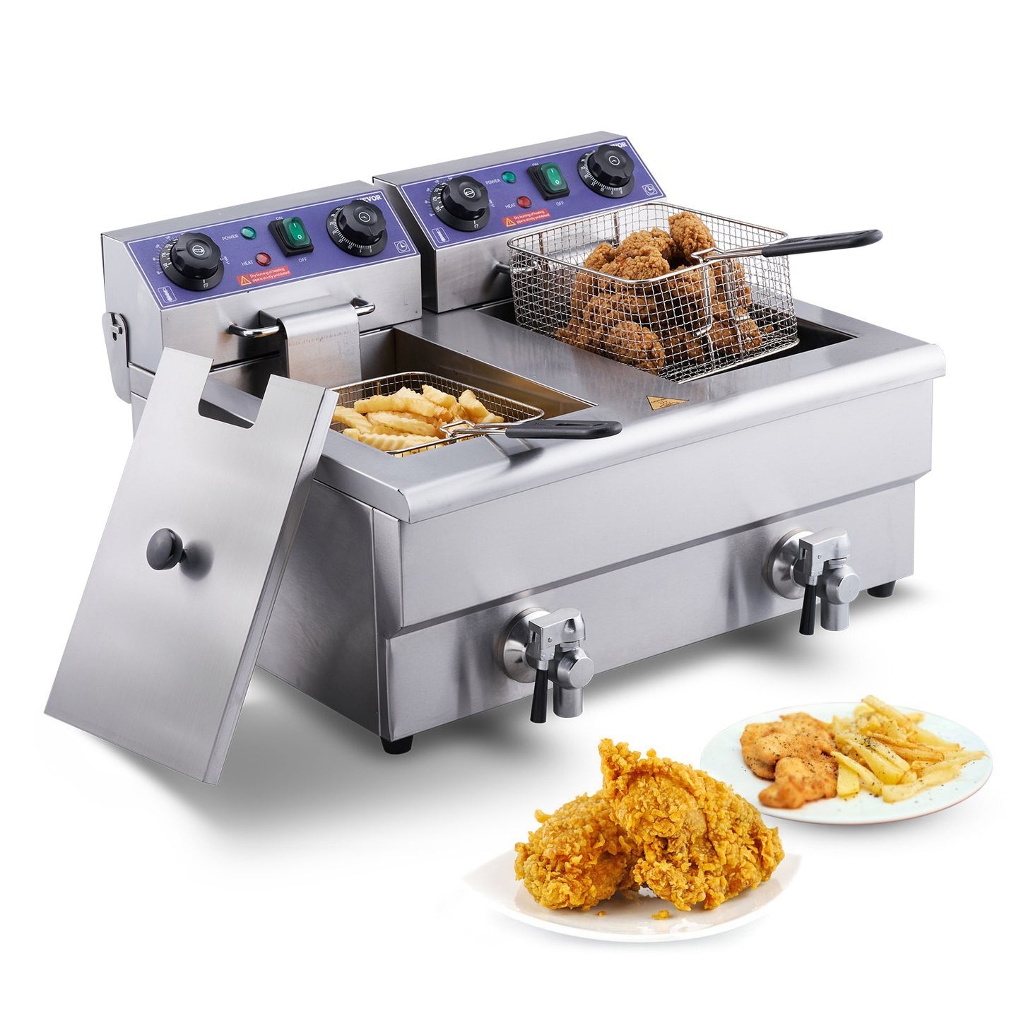 Commercial Deep Fryer, Dual Tank 3000W Electric Countertop Fryer with Basket, 2 x 11.6Qt/11L Double Stainless Steel Oil Fryer with Oil Filtration, Time & Temp Control, for Kitchen Restaurant Use