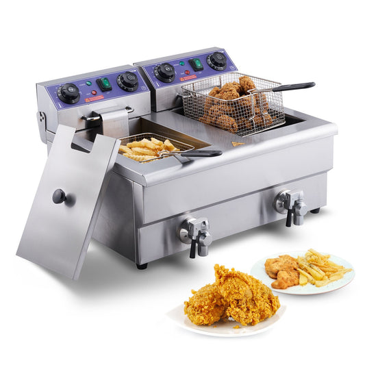 Commercial Deep Fryer, Dual Tank 3000W Electric Countertop Fryer with Basket, 2 x 11.6Qt/11L Double Stainless Steel Oil Fryer with Oil Filtration, Time & Temp Control, for Kitchen Restaurant Use
