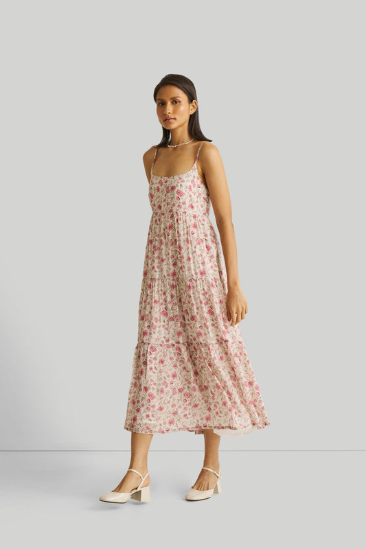 Vestido largo de tirantes con estampado floral rosa