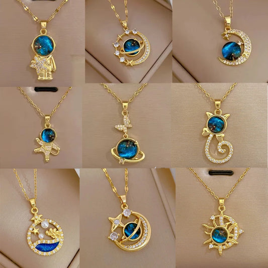 Collar ligero de lujo con forma de estrella de acero y titanio para mujer, color dorado 