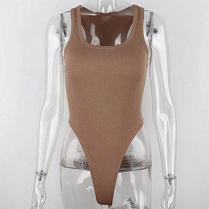 Color: WHITE, Size: S - Sleeveless Knit Bodysuit for Women, Off Shoulder Halter Tops, Casual Street Bodycon, Sexy Clubwear, Hot Summer, 2024