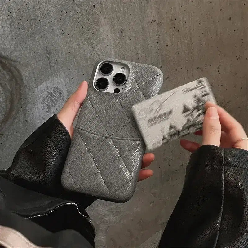 Color: Blue, Material: POLYESTER - Luxury Lattice Pattern Leather Cover for IPhone 16 15 14 13 Pro Max Credit Card Slot Holder Purse Wallet Shockproof Phone Case