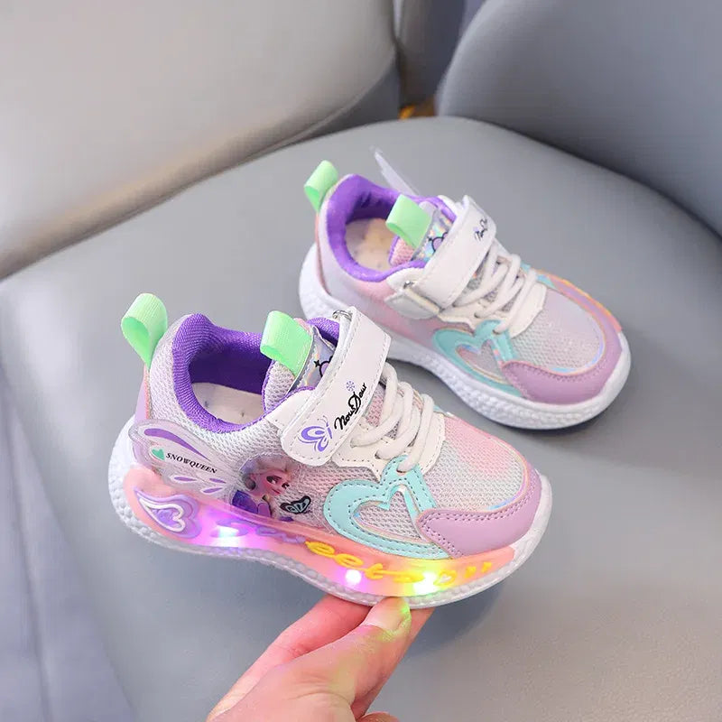 Color: Pink, Shoe Size: 13 - Disney Children Led Shoes Kids Girls Sneakers Frozen Elsa Princess Lighting Shoes Pink Purple Casual Sports Shoes Size 21-31