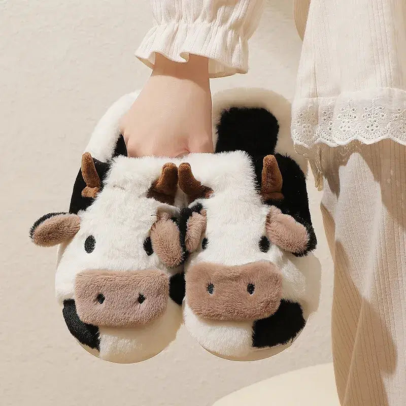 Color: black, Shoe Size: 45 - New Winter Unisex Cartoon Cow Warm Plush Slippers Couple's Indoor Non-slip House Mule Men And Women Toe Wrap Home Cotton Shoes