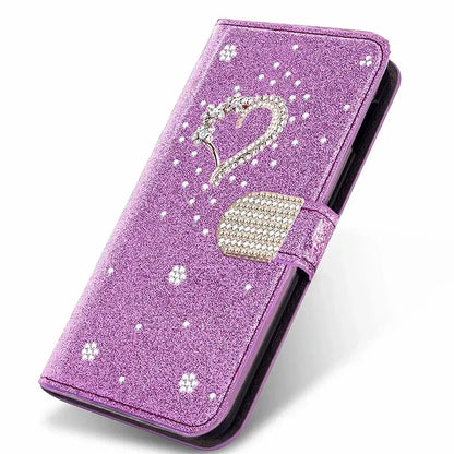 Color: PURPLE, Material: Acrylic - Wallet Leather Case For Samsung Galaxy S25 Ultra S24 FE S23 S22 S21 S20 Plus A35 A55 A13 A15 A16 A34 A54 Flip Flash Diamond