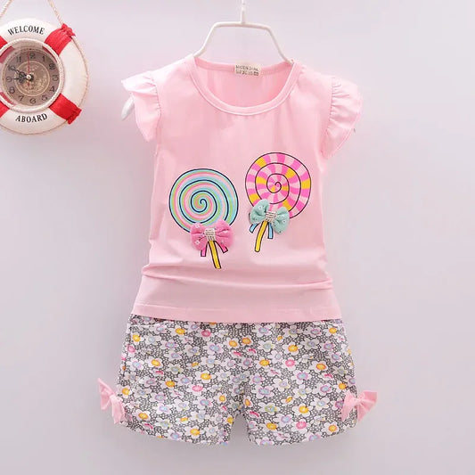 Color: Rosa, Talla de niño: 24M - Conjuntos de ropa para niñas pequeñas, camisetas y pantalones cortos, conjuntos de ropa de verano con estampado de piruletas.
