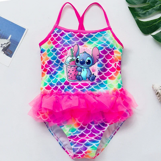 Color: Rosa, Talla de niña: 6M - Traje de baño de una pieza de verano para niña de Lilo Stitch, ropa de playa, traje de baño con estampado de escamas de sirena para piscina, traje de baño para nadar.