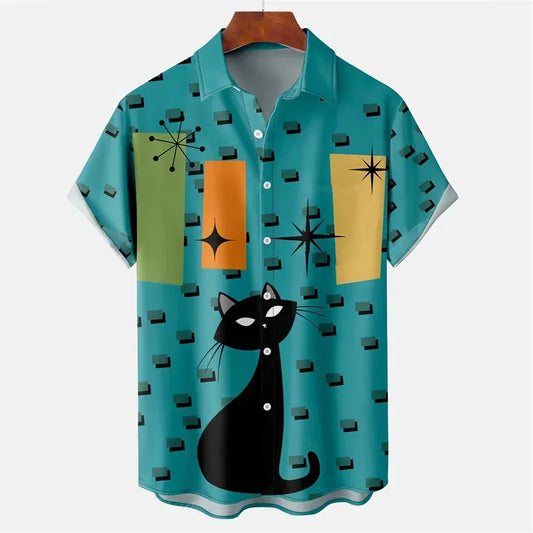 Color: army green, Size: S - Men's Summer Shirts Egyptian Cat 3D Pattern Shirt Summer Lapel Short Sleeve Vintage Tops 2023 Unisex Men's And Women's Clothing