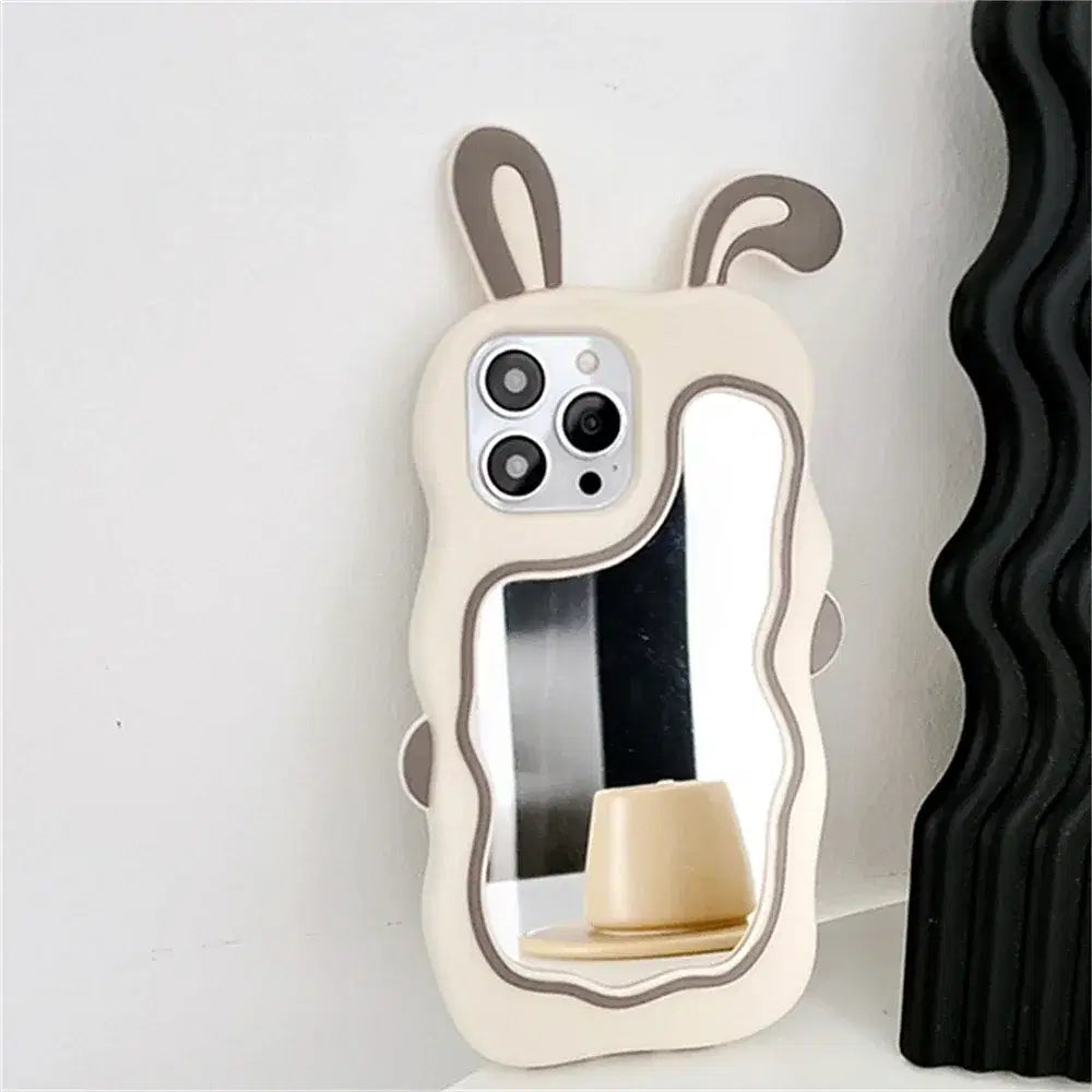 Color: Pink, Material: PU - Cute Bunny Ears Mirror Phone Case For iPhone 15 14 Plus 13 12 11 Pro Max Shockproof Silicone Case