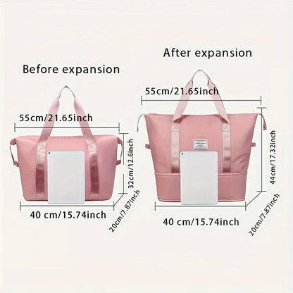 Color: Pink - Double-layer expandable large-capacity luggage bag, new multi-functional foldable portable gym bag, sports travel bag-tan