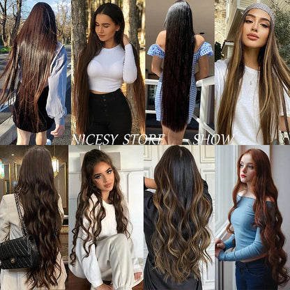 Color: T1B/33/27, Stretched Length: 32inches, Ships From: CHINA - Synthetic Natural Wavy No Clip Fish Line Invisible Hair Extensions Mixed Color Blonde Black Artificial False Hair Piece ForWomen
