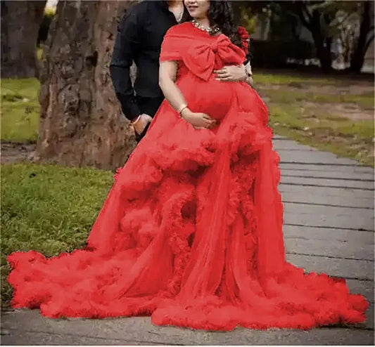Color: Red, Maternity Size: 18, Ships From: CHINA - BIG BOW Tulle Ruffle maternity dresses photoshoot baby shower ???? ? ?????? ?? ??&