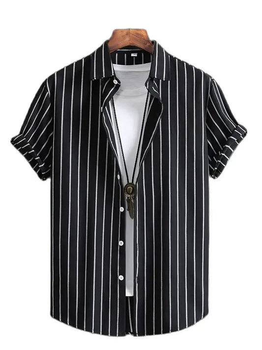 Color: Gold, Size: XXXL - Alternating Striped men's Shirts Summer Minimalist Shirts Beach Casual Style Short Sleeved Shirt Men's Hawaii Vacation Shirt