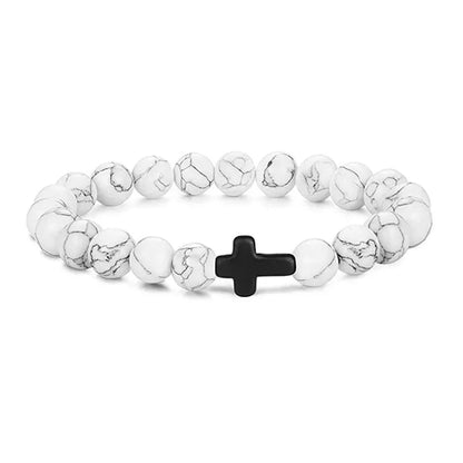 Pulseras de oración con cruz de hematita y rosario de cuentas de madera y piedra natural para hombres 