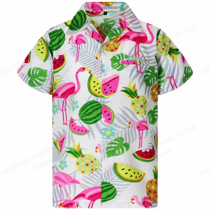 Color: Beige, Size: S - Flamingo Hawaiian Shirts Beach Summer Men's Shirt Tropic Leaf 3D Print Shirts Men Women Fashion Blouse Short Sleeve Vocation