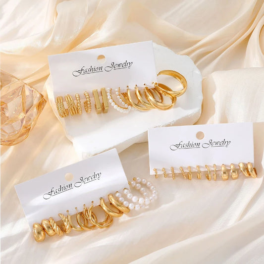Conjunto de pendientes de aro geométricos de moda para mujer, estilo vintage bohemio con perlas. 