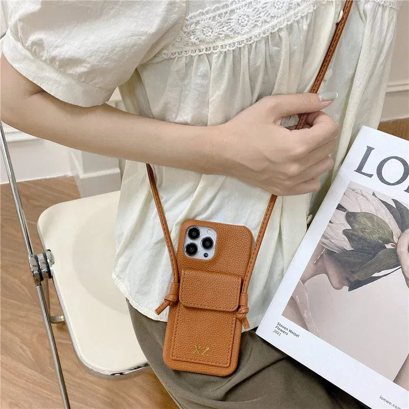 Color: Brown, Material: Nylon - Personalized Gold Silver Letters Leather PU Card Holder Lanyard Hard Case For iPhone 14 13 12 11 15 Pro Max XS XR 16  Plus Cover