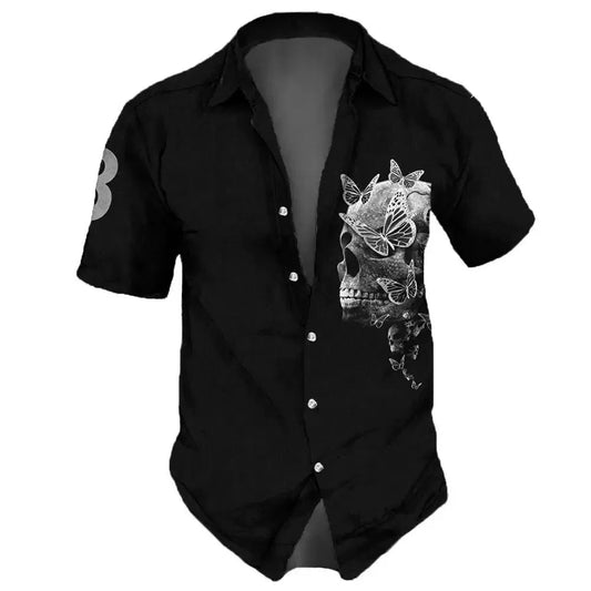 Color: Navy Blue, Size: XXL - 2023 Skull  Men's Shirts Lapel Streetwear Vintage Shirt For Men Street Hip Hop Short Sleeve Top Party Summer Men Hawaiian Shirts