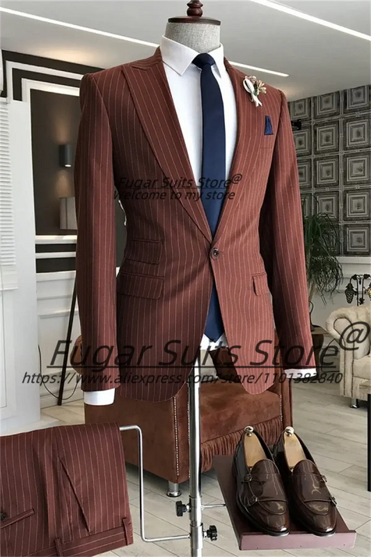 Color: Blue, Size: L - Wine Red Stripe Wedding Suits For Men Slim Fit Peak Lapel Groom Party Tuxedos 2 Pieces Sets Business Male Blazers Costume Homme