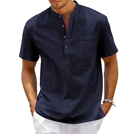 Color: Azul marino, Talla: L - Camisa de lino y algodón para hombre, cuello Henley, bolsillo, informal, para playa, manga corta, color liso, estilo vintage
