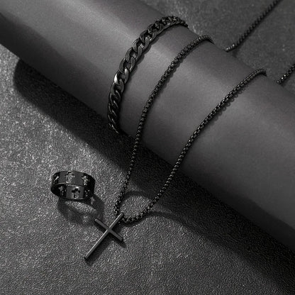 Conjunto de joyería de aleación de moda para hombre de 3 piezas: collar con colgante de cruz, 