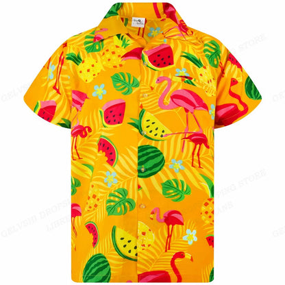 Color: Brown, Size: XXXL - Flamingo Hawaiian Shirts Beach Summer Men's Shirt Tropic Leaf 3D Print Shirts Men Women Fashion Blouse Short Sleeve Vocation