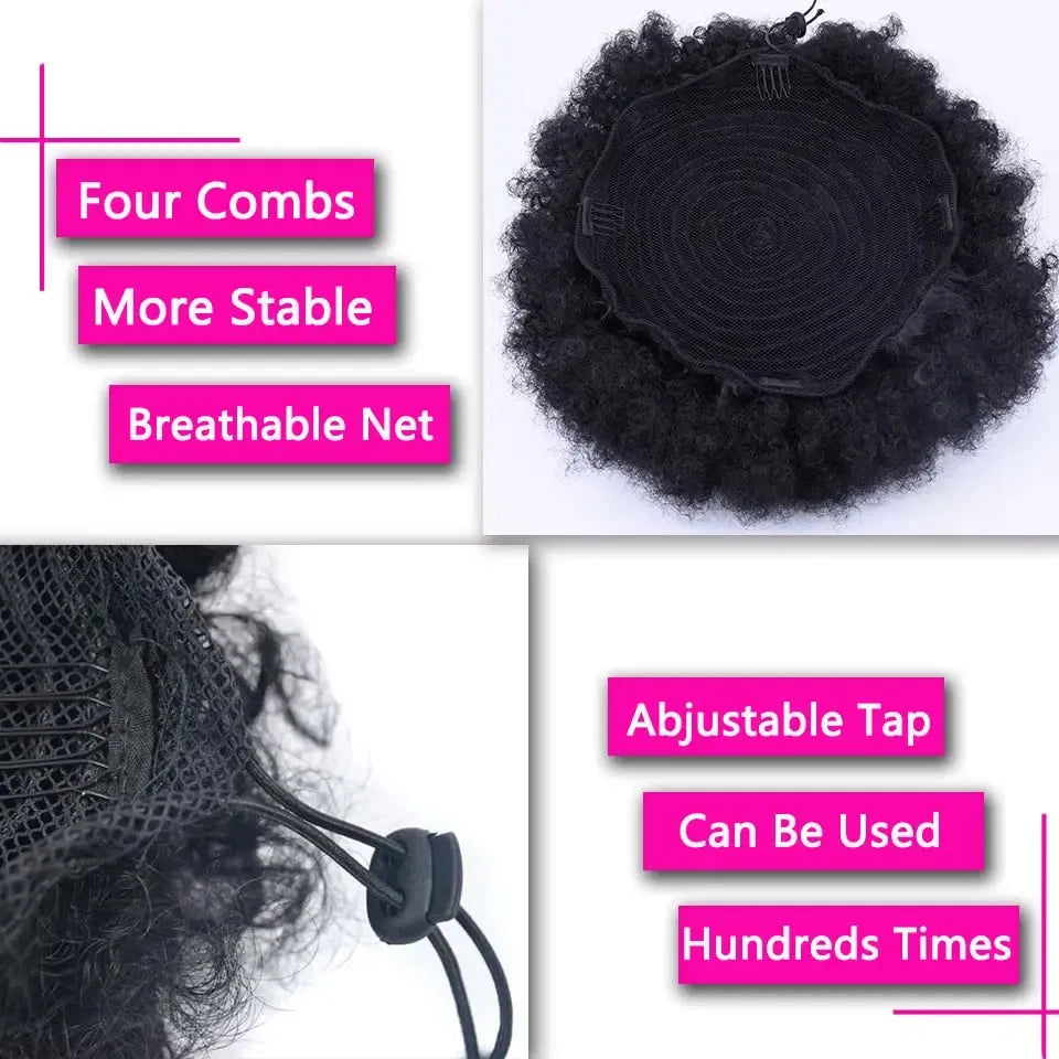 Color: T1B/Burgundy - Synthetic Big Afro Puff Drawstring Ponytail Extensions for Black Women 10Inch Kinky Curly Hair Bun Ponytail Wigs Daily Use