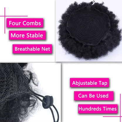 Color: T1B/Burgundy - Synthetic Big Afro Puff Drawstring Ponytail Extensions for Black Women 10Inch Kinky Curly Hair Bun Ponytail Wigs Daily Use