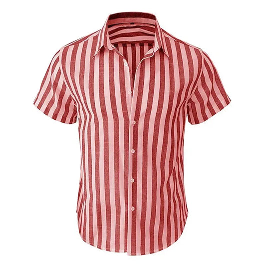 Color: Khaki, Size: XXL - Alternating Striped men's Shirts Summer Minimalist Shirts Beach Casual Style Short Sleeved Shirt Men's Hawaii Vacation Shirt