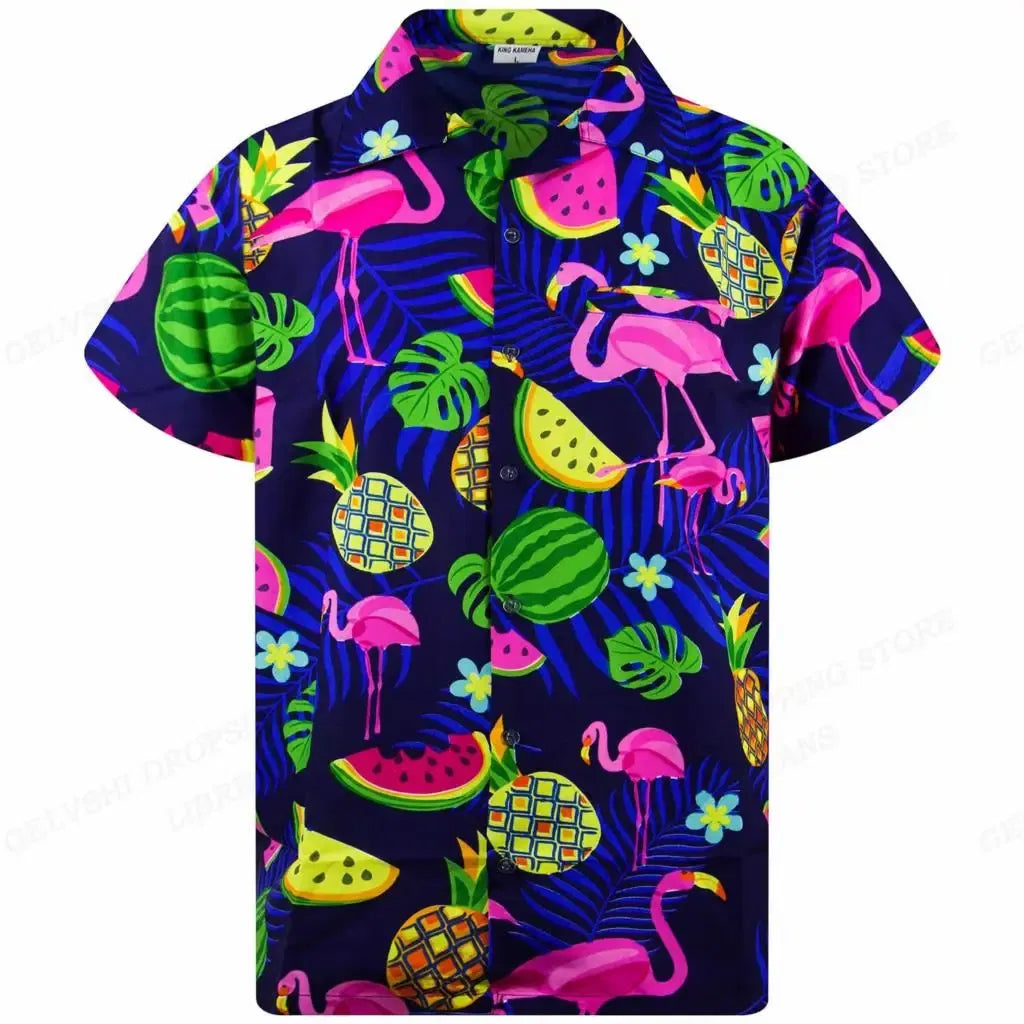 Color: Beige, Size: S - Flamingo Hawaiian Shirts Beach Summer Men's Shirt Tropic Leaf 3D Print Shirts Men Women Fashion Blouse Short Sleeve Vocation