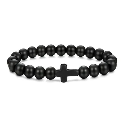 Pulseras de oración con cruz de hematita y rosario de cuentas de madera y piedra natural para hombres 