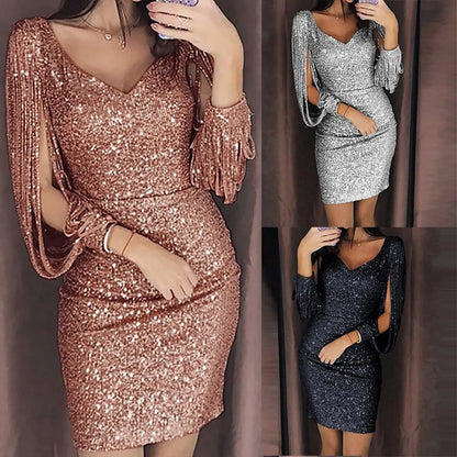 Color: black, Size: M, Ships From: CN - 2024 New Women Sexy Dresses Glitter Sparkly Sequin Tassel Sleeves V Neck Club Mini Skinny Sundress Elegant Ladies Party Dresses