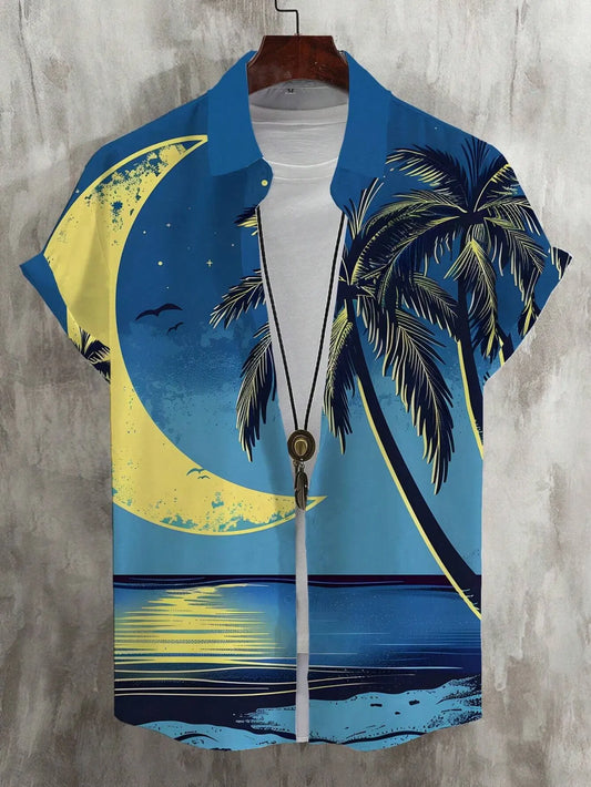 Color: Blue, Size: L - Men's Hawaiian Loose Palm Tree Floral Print Pattern Casual Short Sleeve Shirt Men's Button Up Top