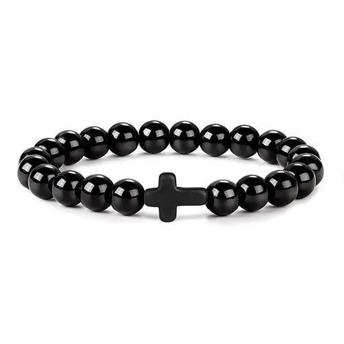 Pulseras de oración con cruz de hematita y rosario de cuentas de madera y piedra natural para hombres 
