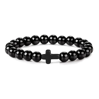 Pulseras de oración con cruz de hematita y rosario de cuentas de madera y piedra natural para hombres 