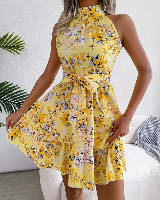 Color: Azul, Talla: XXL - Vestido corto sexy con cuello halter y estampado floral para primavera y verano, ideal para vacaciones y playa.