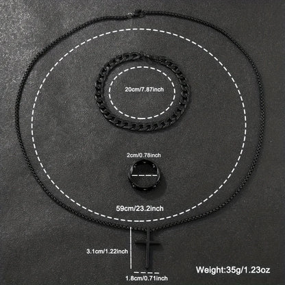 Conjunto de joyería de aleación de moda para hombre de 3 piezas: collar con colgante de cruz, 