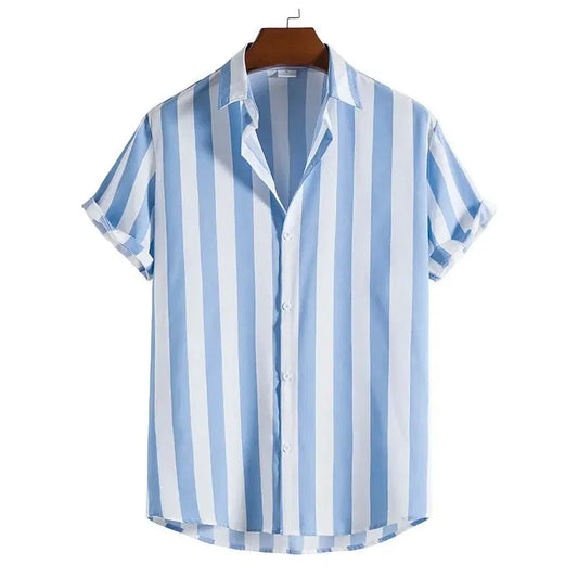 Color: Blue, Size: XXL - Striped Simple men's Shirt Casual Loose Lapel Cardigan Top Large Size men's short-sleeved Shirt high-end Comfortable And Simple