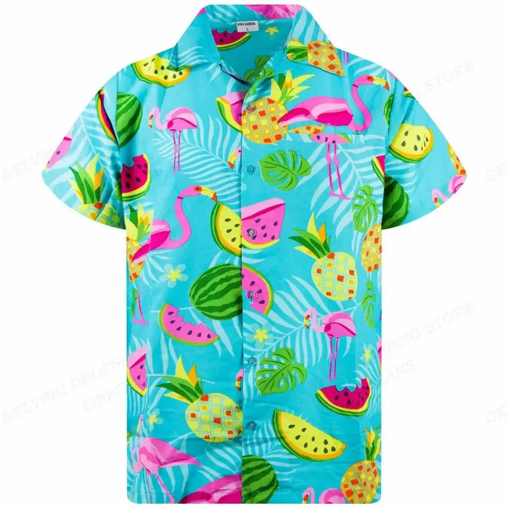 Color: Beige, Size: S - Flamingo Hawaiian Shirts Beach Summer Men's Shirt Tropic Leaf 3D Print Shirts Men Women Fashion Blouse Short Sleeve Vocation