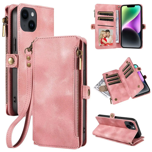Color: Blue, Material: aluminum - Zipper Multi 9 Cards Wallet Case for OPPO Reno 12 10 8 7 6 5 Pro 11F 11A 8T 6Z 5Z Retro Leather Lanyard Wrist Strap Phone Cover