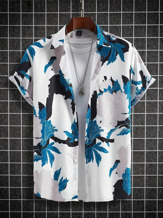 Color: Brown, Size: XXL - Men's Hawaiian Loose Palm Tree Floral Print Pattern Casual Short Sleeve Shirt Men's Button Up Top