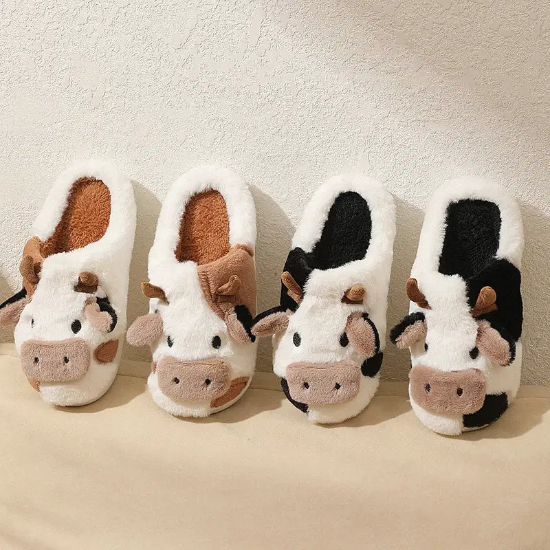 Color: black, Shoe Size: 45 - New Winter Unisex Cartoon Cow Warm Plush Slippers Couple's Indoor Non-slip House Mule Men And Women Toe Wrap Home Cotton Shoes