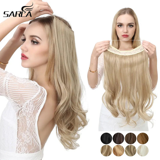 Color: 4/27HL, Stretched Length: 22INCHES - Synthetic No Clip Wave Hair Extensions Ombre Natural Black Blonde Pink One Piece False Hairpiece Fish Line Fake Hair Piece