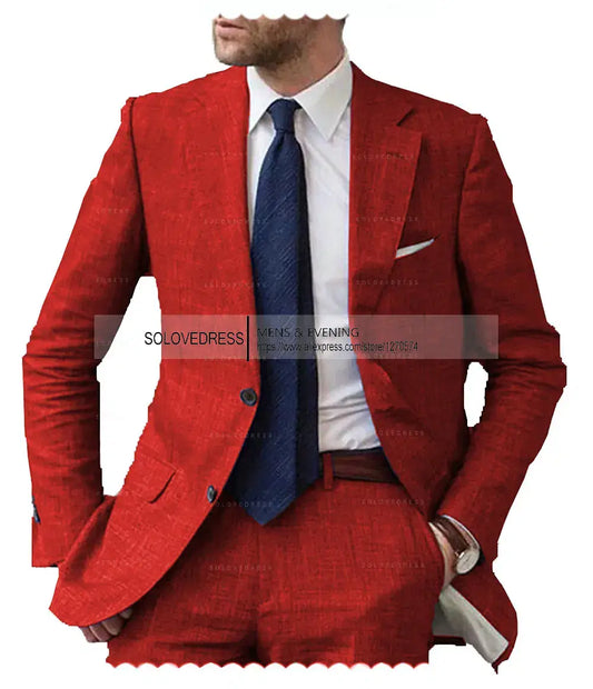 Color: Orange, Size: XXS - Men's 2-Piece Linen Suit Casual Slim Fit Vintage Suits Groomsmen Tuxedos Wedding Summer Beach Blazer Pants Set