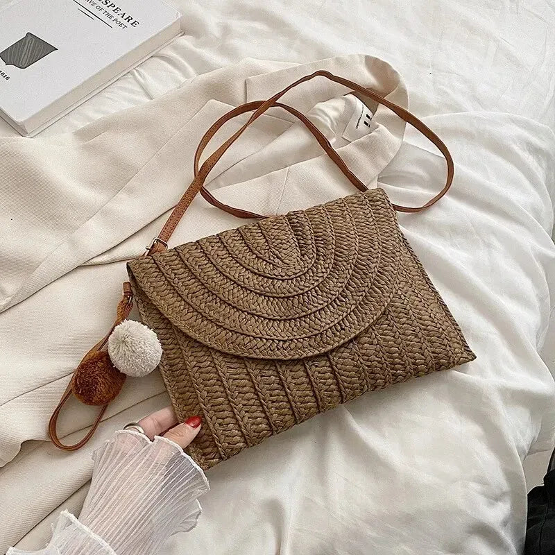 Color: Marrón - Bolso bandolera de playa de paja hecho a mano para niñas, bolso de verano tejido con bolitas de pelo pequeñas.