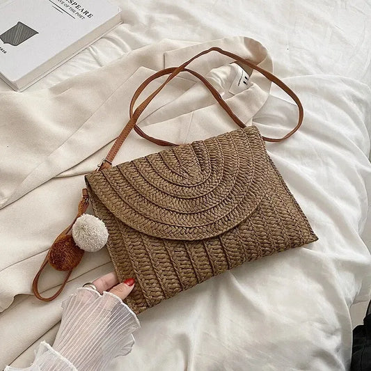 Color: Marrón - Bolso bandolera de playa de paja hecho a mano para niñas, bolso de verano tejido con bolitas de pelo pequeñas.