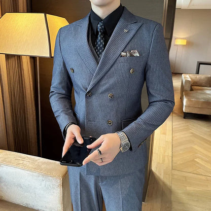 Color: SKY BLUE, Size: XXL - 2025 Men's Double Breasted 3/2 Piece Business Casual Wedding Dress Suit with  Trousers Regular Fit Bridegroom High Sense