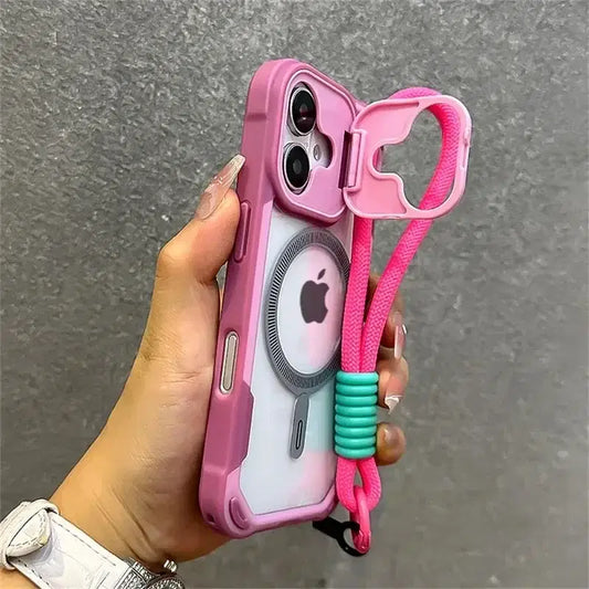 Color: Pink, Material: Vinyl - Armor Candy Color Clash For Magsafe Phone Case For iPhone 16 15 14 13 12 11 Pro Max Plus Stand With Wrist Strap Phone Back Cover